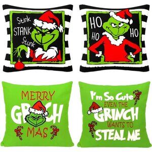 Set of 4 Merry‎ Grin-chmas Pillow Covers, 18x18 Farmhouse Christmas Home Decor